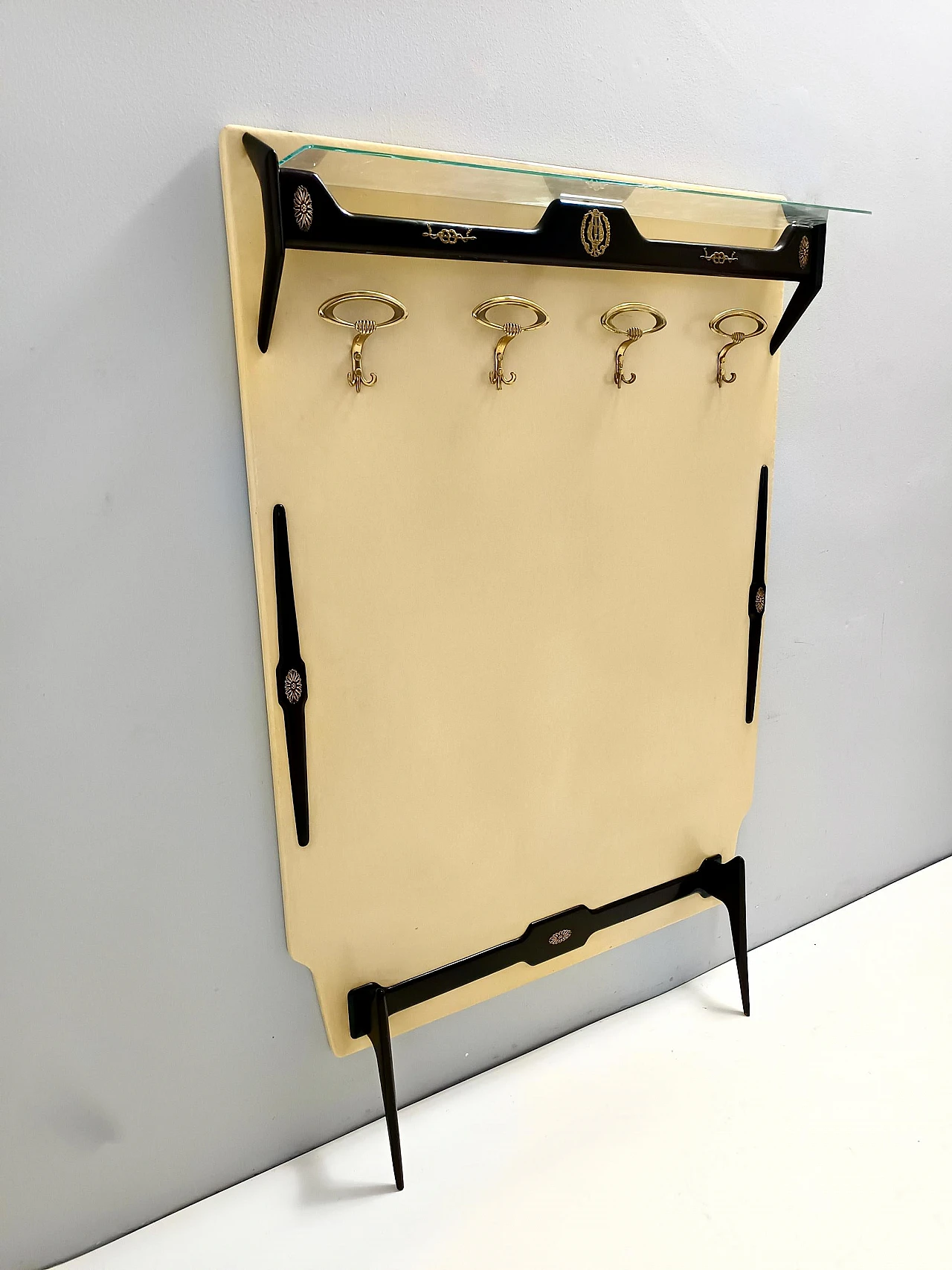 Coat stand in ebonised beech, brass, skai and glass, 1950s 5