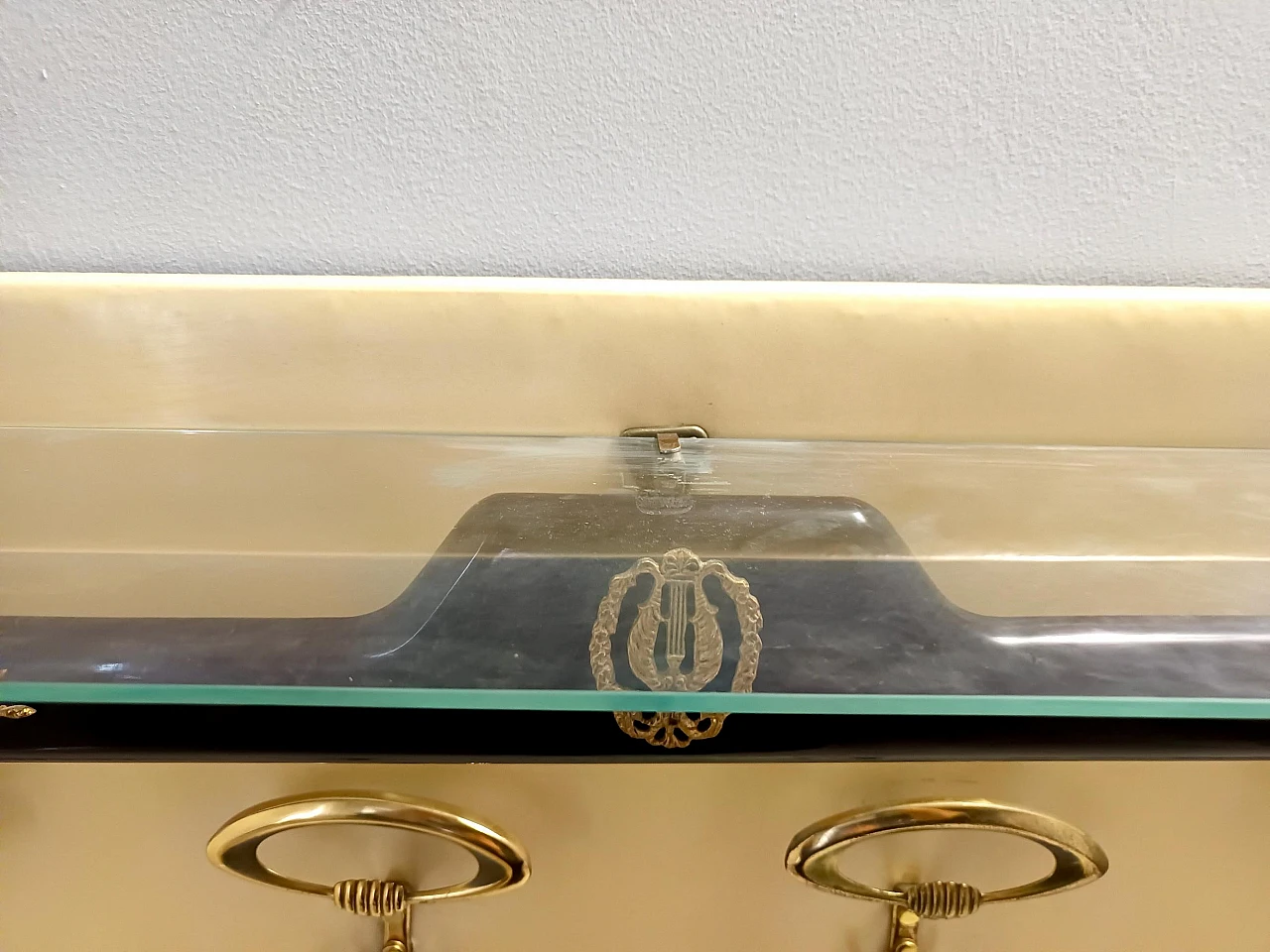 Coat stand in ebonised beech, brass, skai and glass, 1950s 7