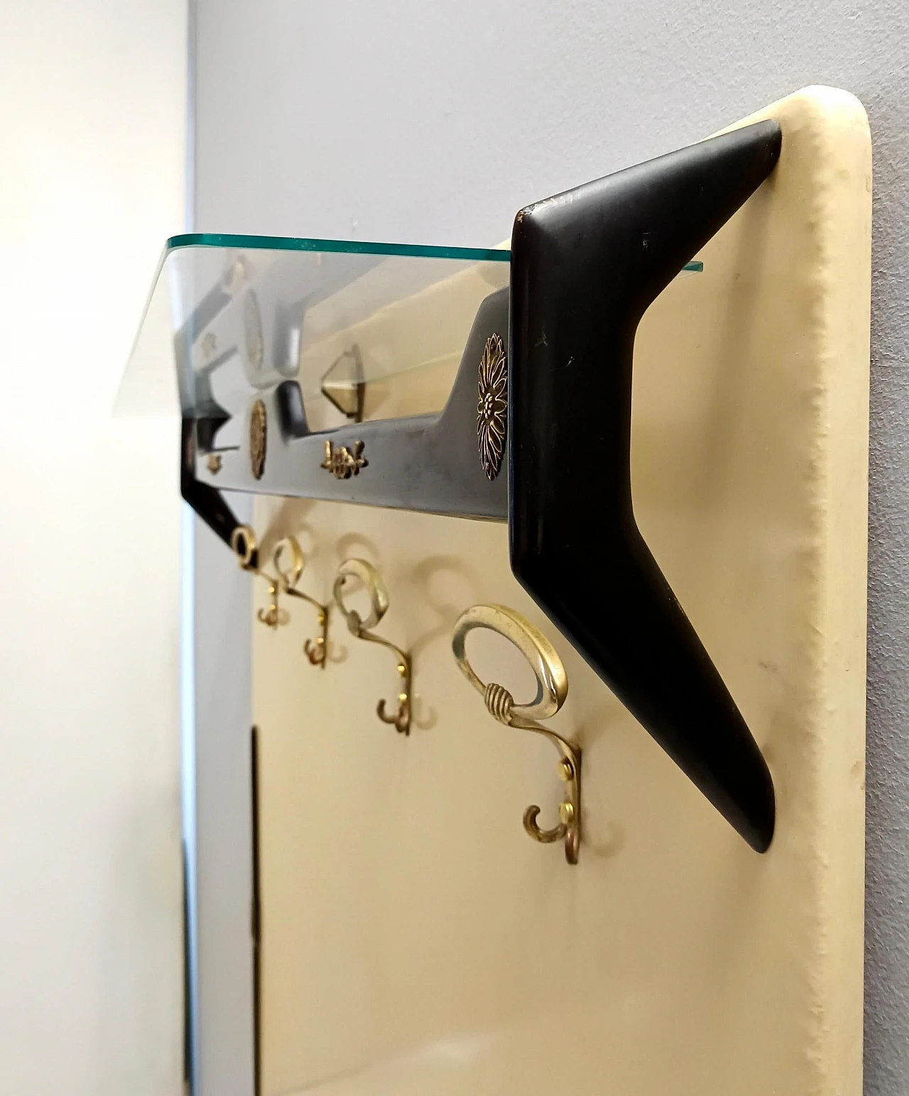 Coat stand in ebonised beech, brass, skai and glass, 1950s 8