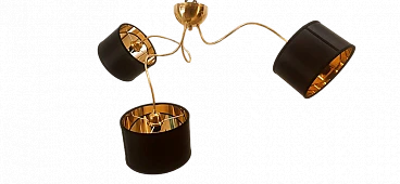 Brass and black fabric adjustable three-light chandelier, 1970s