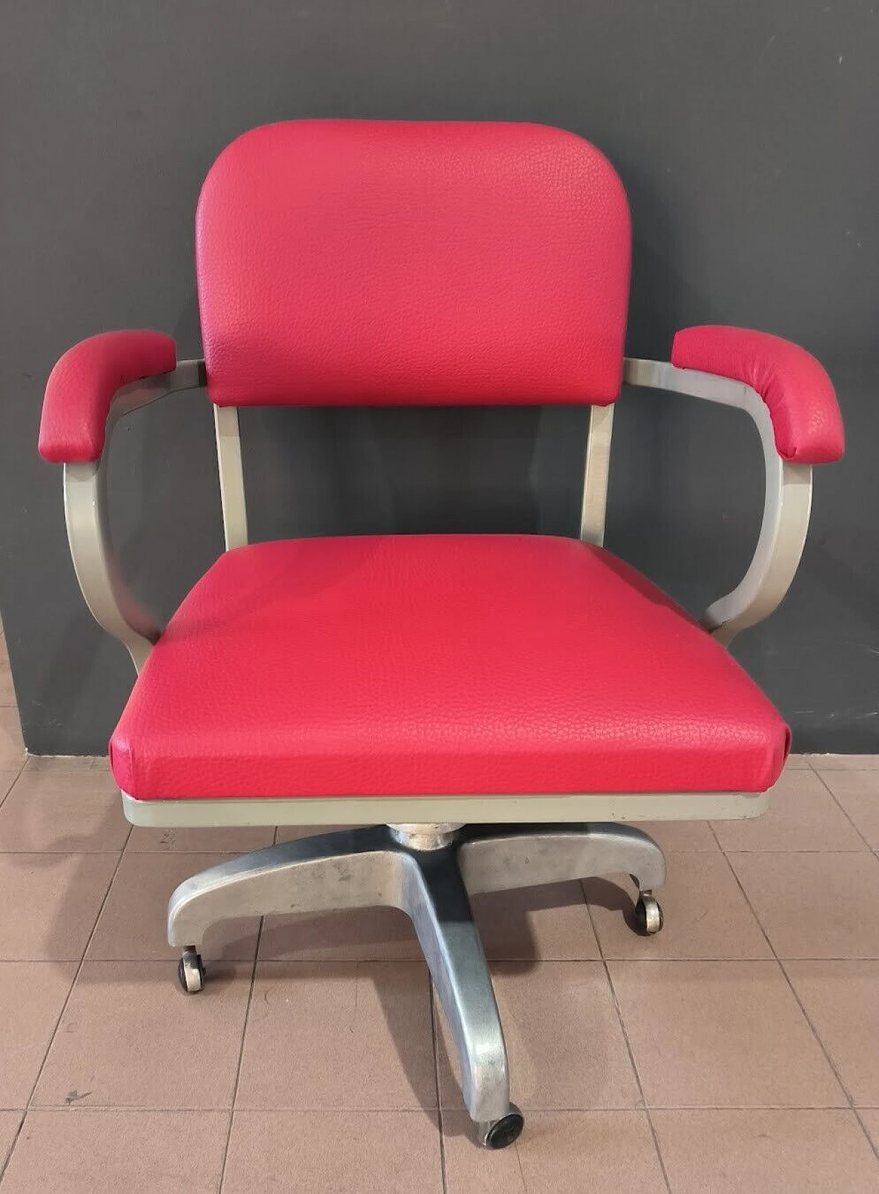 Aluminum, iron and red eco-leather armchair, 1950s 1