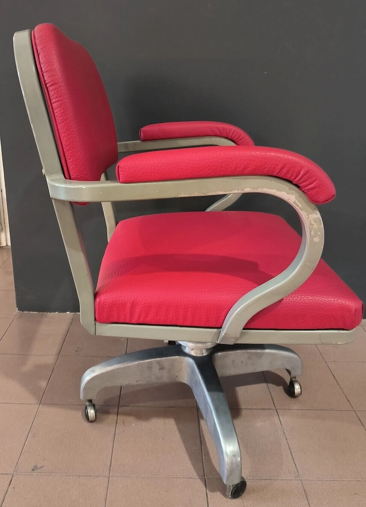 Aluminum, iron and red eco-leather armchair, 1950s 2