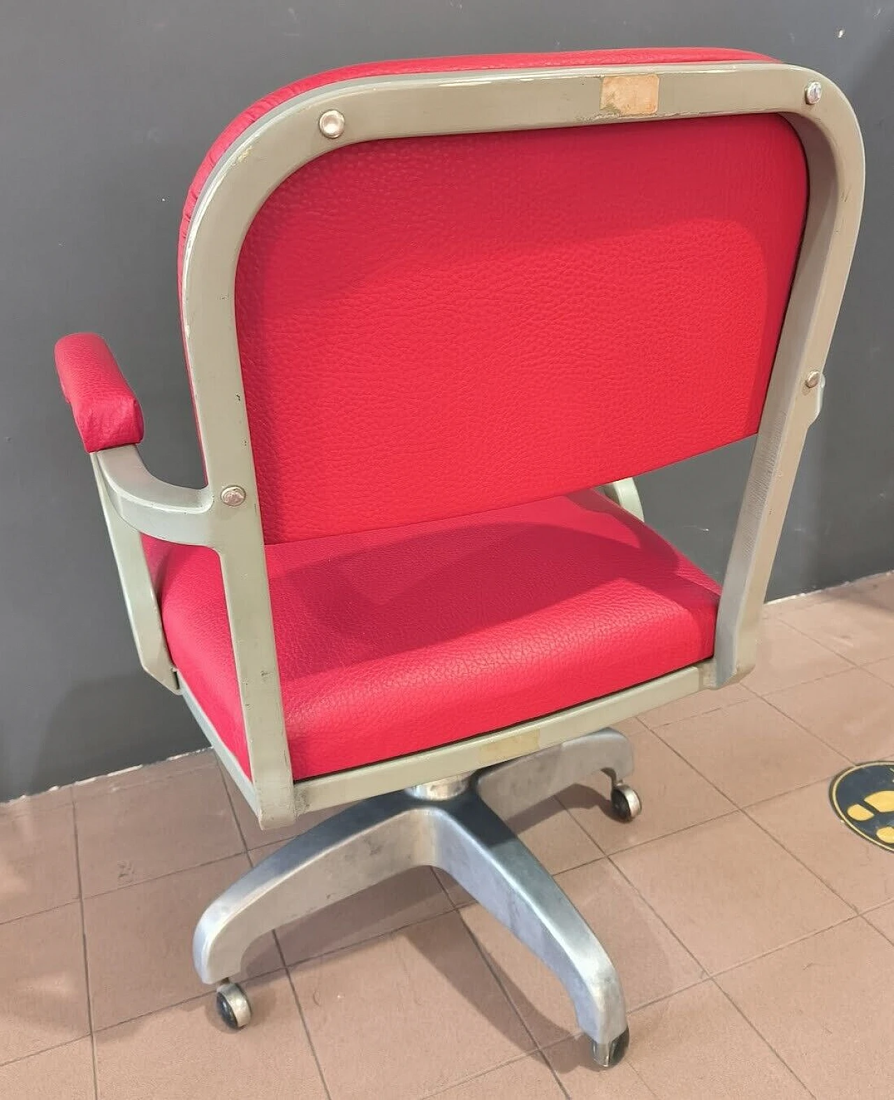 Aluminum, iron and red eco-leather armchair, 1950s 3