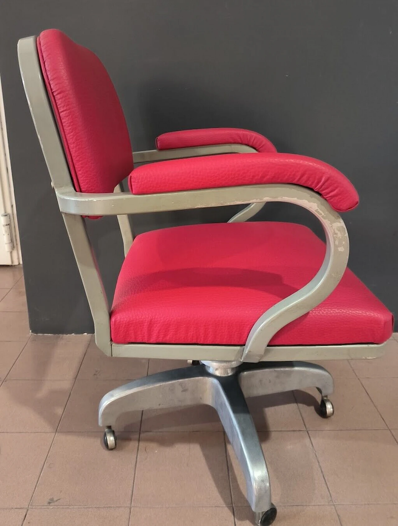 Aluminum, iron and red eco-leather armchair, 1950s 4