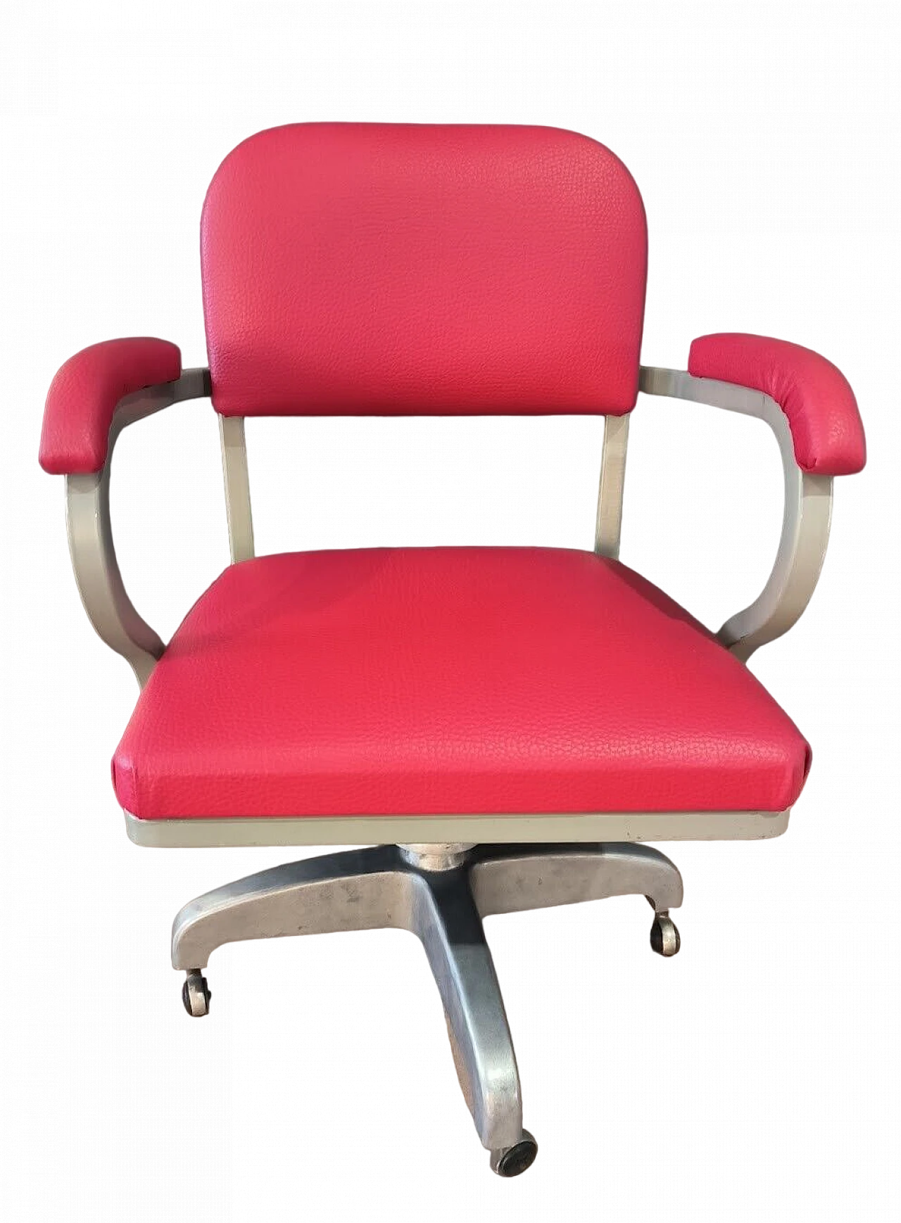 Aluminum, iron and red eco-leather armchair, 1950s 7