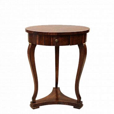 Charles X round walnut coffee table with drawer, 19th century