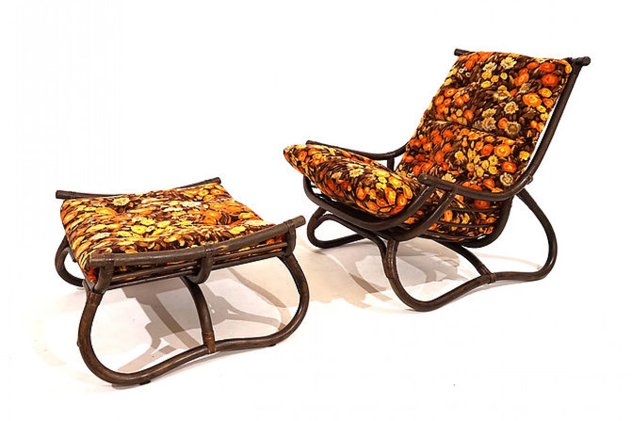 Manou rattan armchair and footstool, 1960s 3