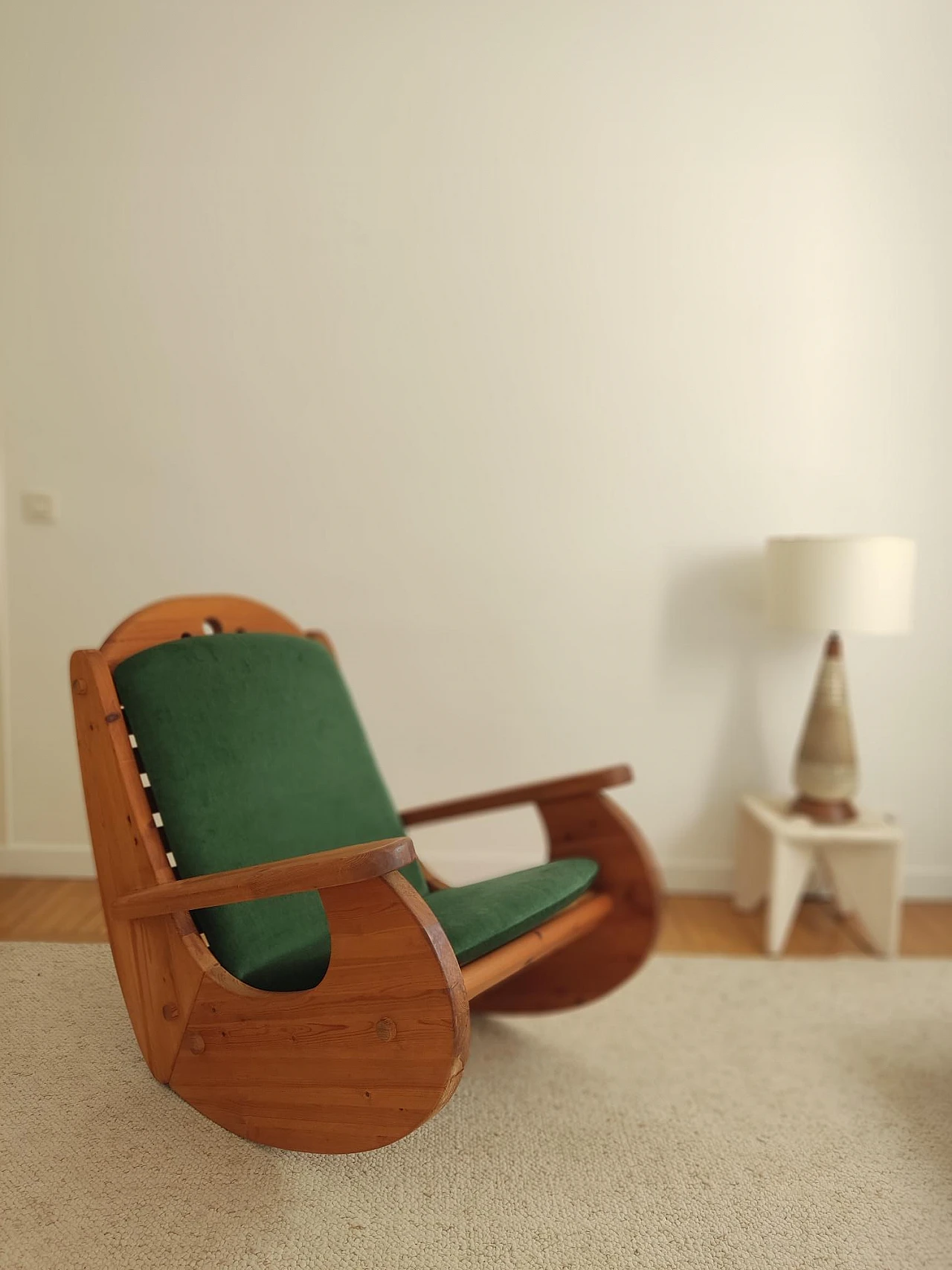 Scandinavian pine and green fabric rocking chair, 1970s 1