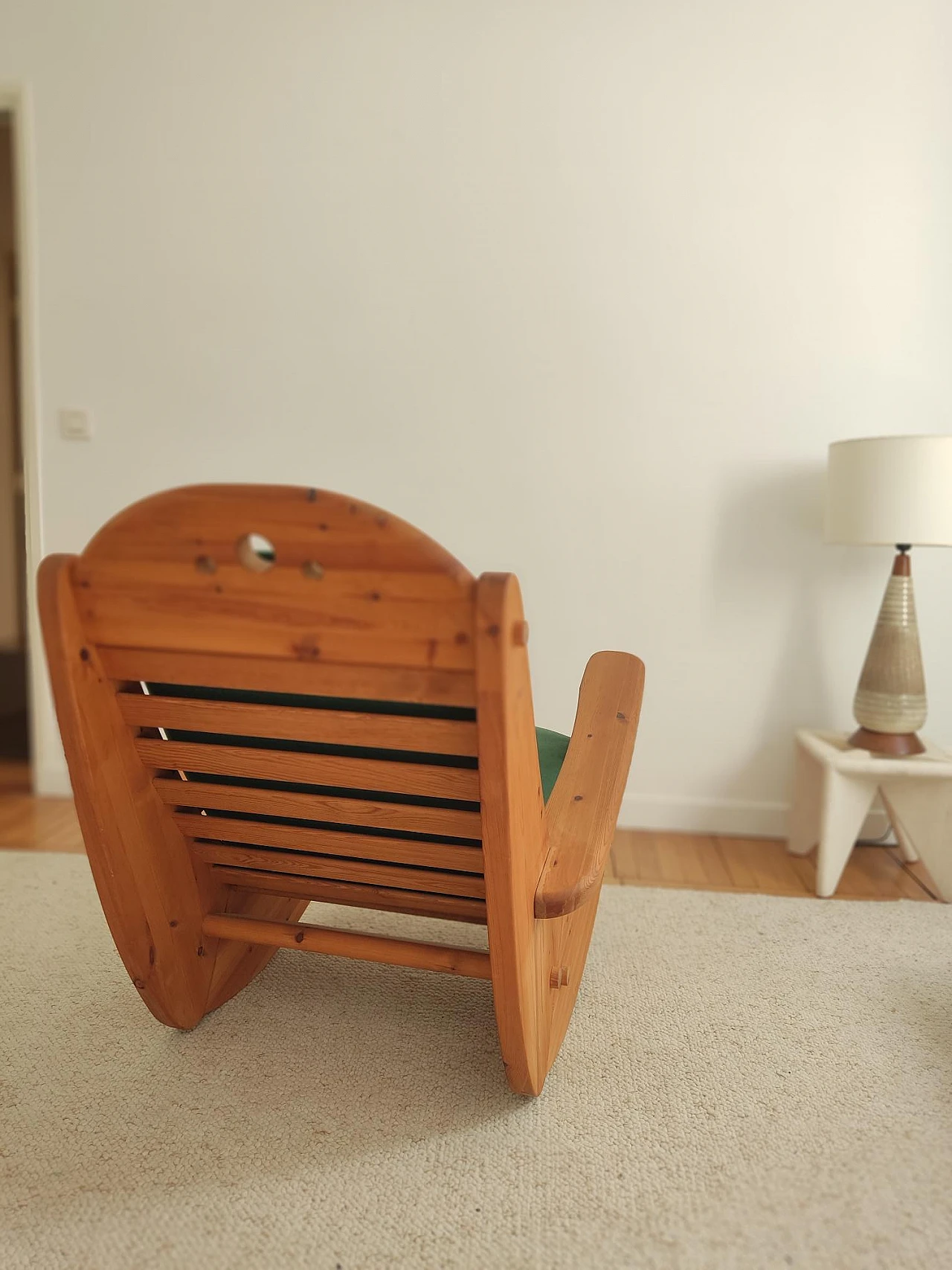 Scandinavian pine and green fabric rocking chair, 1970s 2