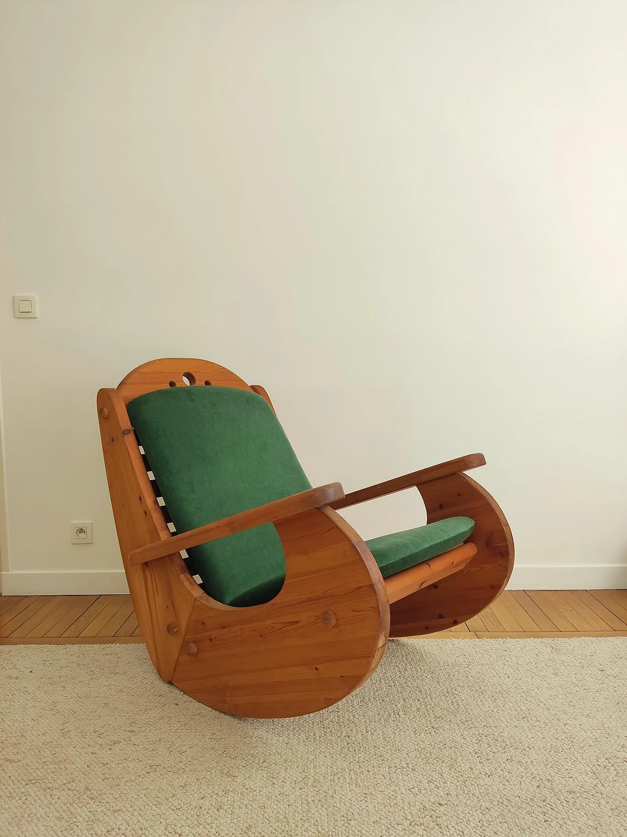 Scandinavian pine and green fabric rocking chair, 1970s 8