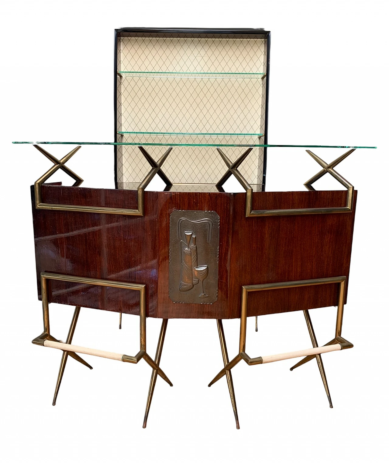 Mobile bar in legno e ottone & vetrina, anni '50 6