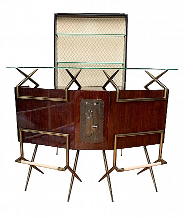 Mobile bar in legno e ottone & vetrina, anni '50
