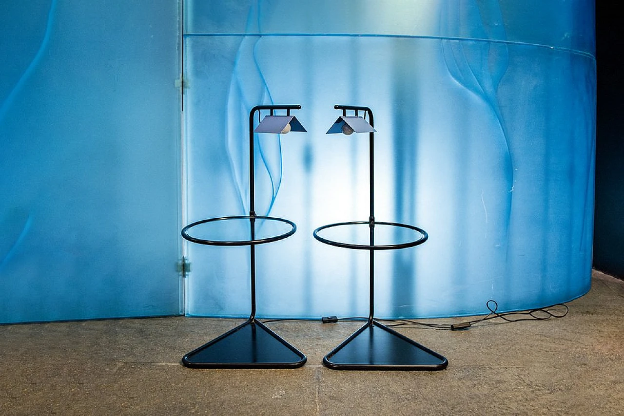 Pair of adjustable bedside tables with lamps in metal and glass, 1980s 8