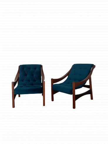 Pair of solid wood armchairs with blue fabric, 1960s