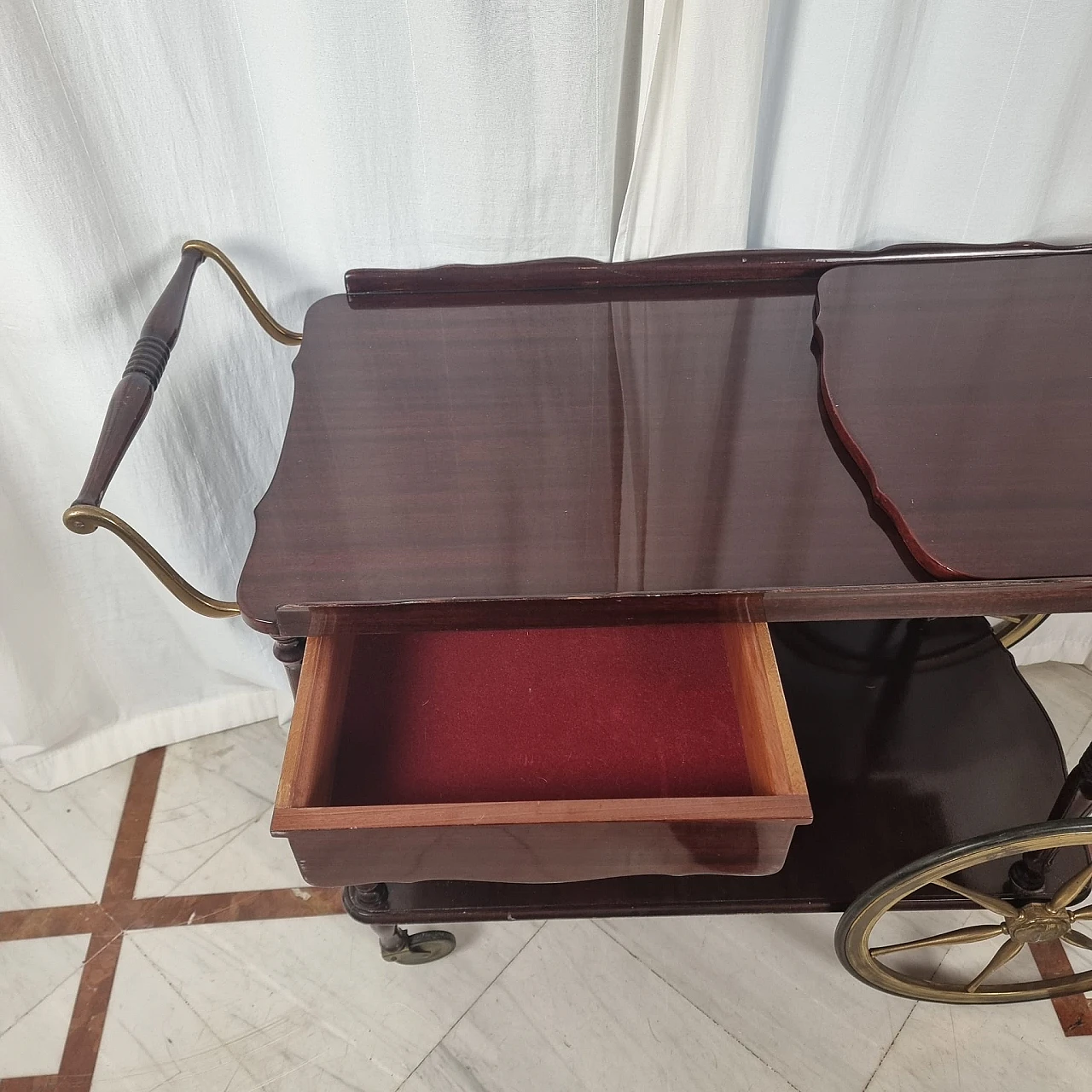 Mahogany and brass bar cart with extendable top, 1950s 9