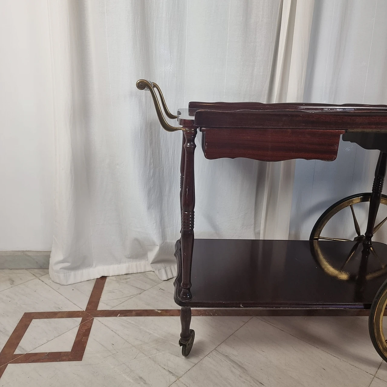Mahogany and brass bar cart with extendable top, 1950s 13