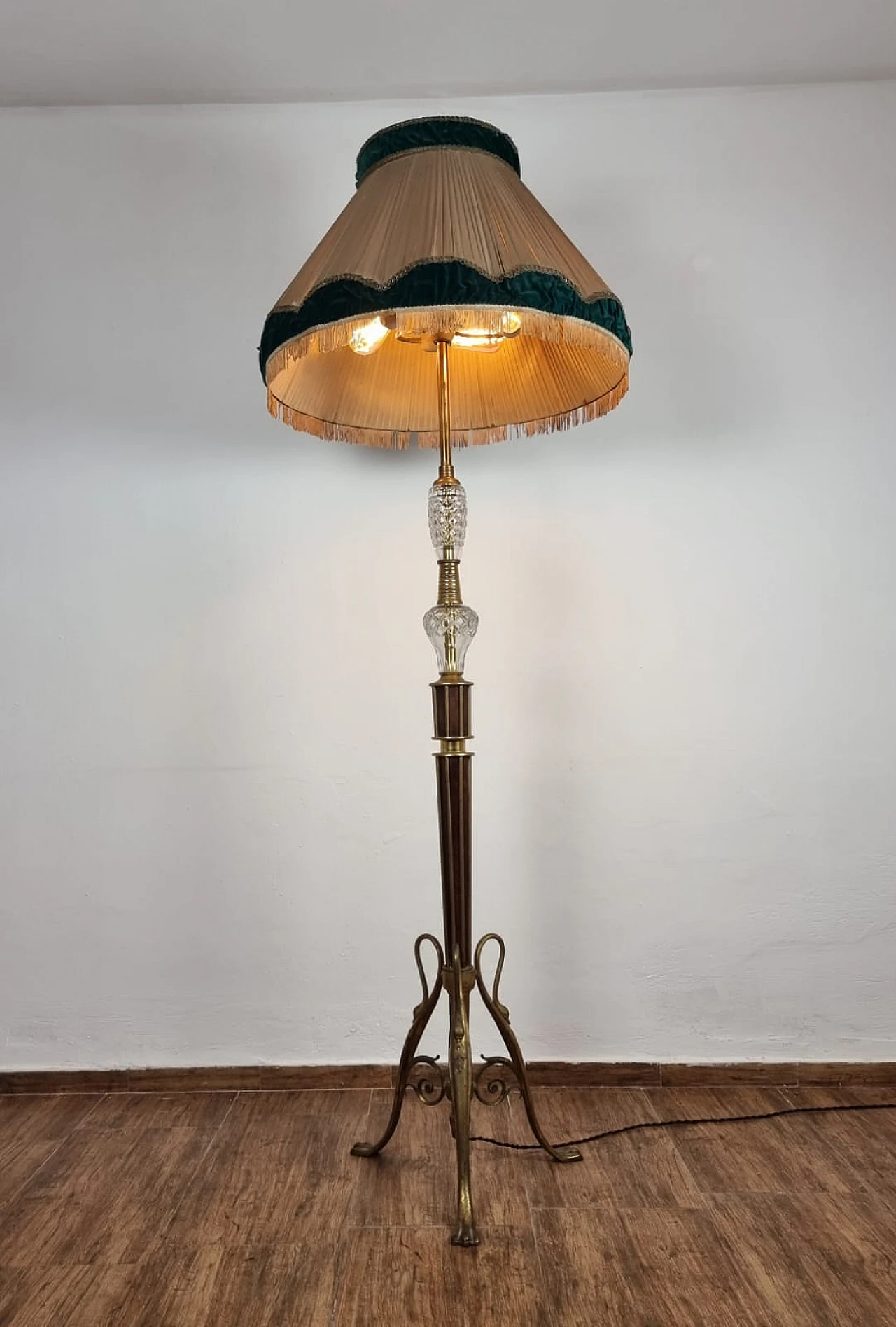 Floor lamp in brass, glass & fabric, 1940s 2
