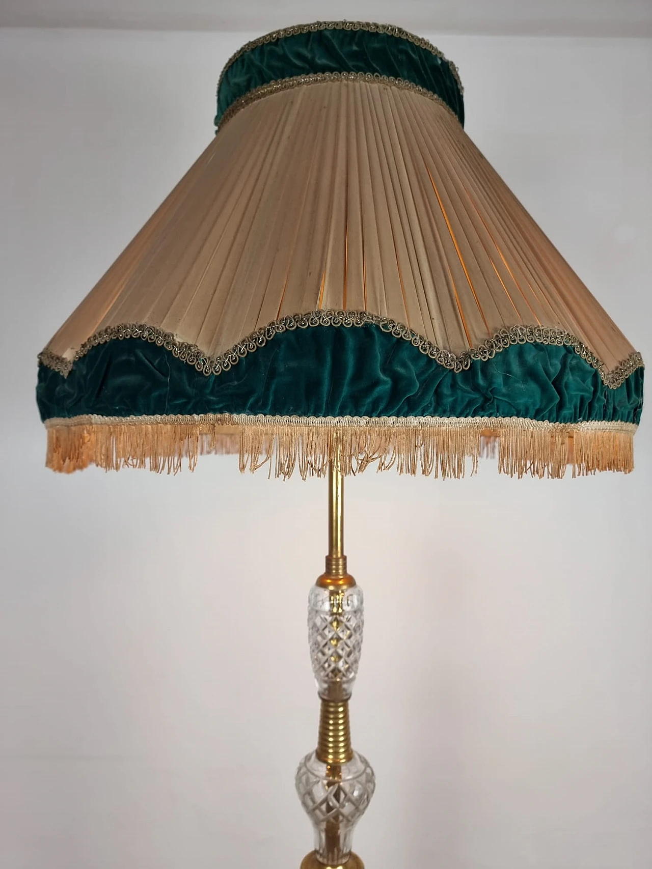 Floor lamp in brass, glass & fabric, 1940s 3