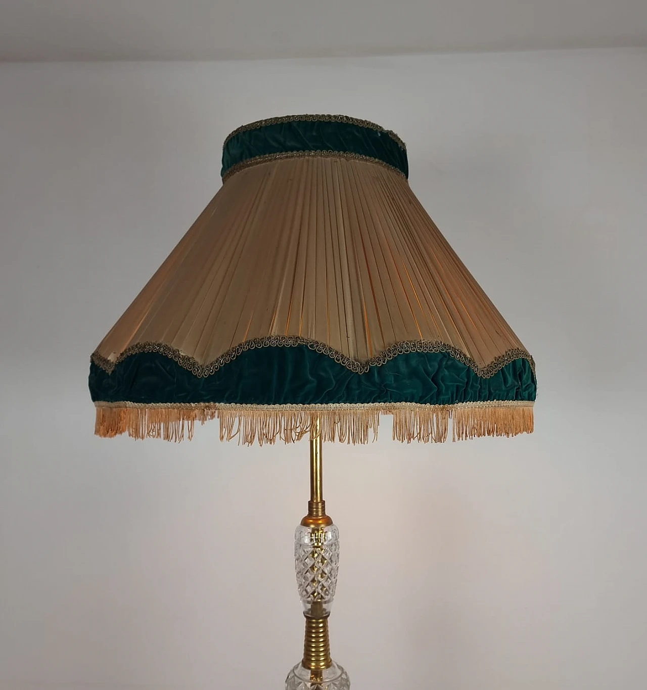 Floor lamp in brass, glass & fabric, 1940s 5