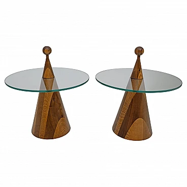 Pair of conical Hibiscus side tables in walnut and glass, 1970s