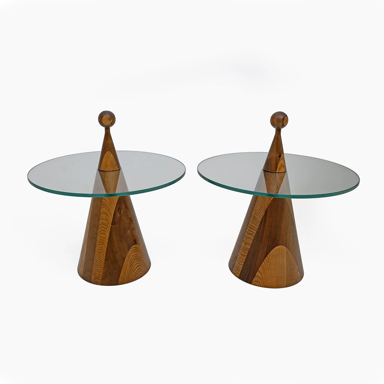 Pair of conical Hibiscus side tables in walnut and glass, 1970s 2