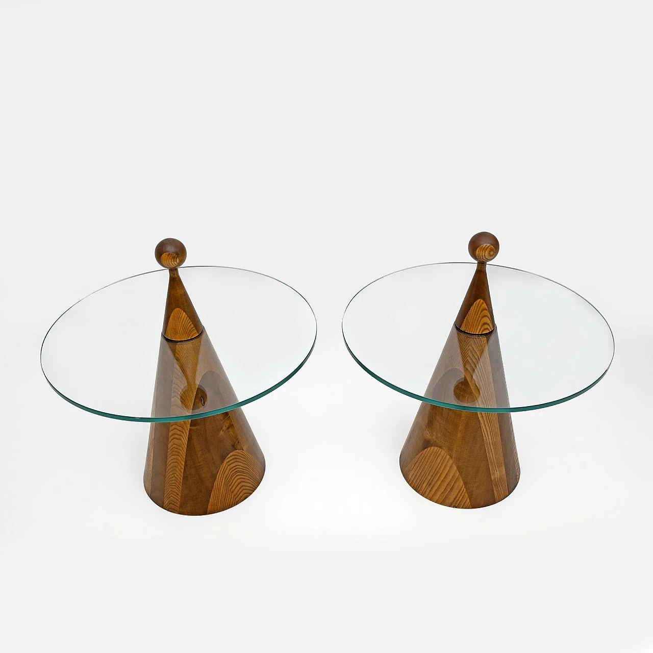 Pair of conical Hibiscus side tables in walnut and glass, 1970s 3