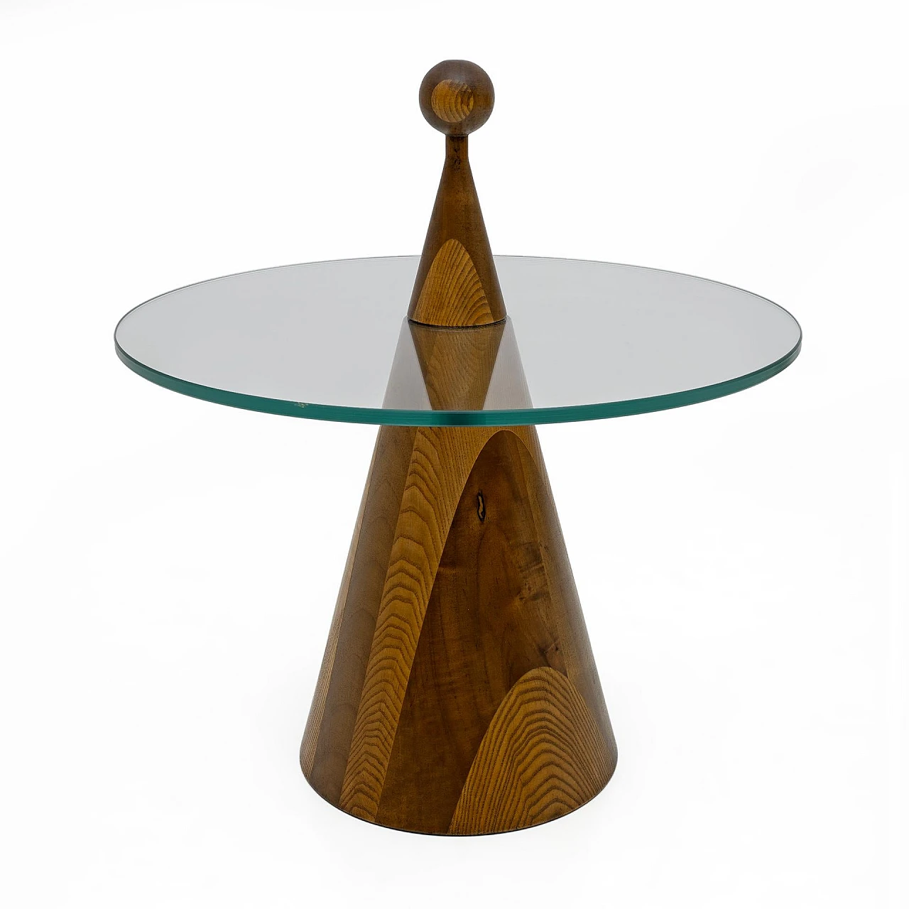 Pair of conical Hibiscus side tables in walnut and glass, 1970s 7