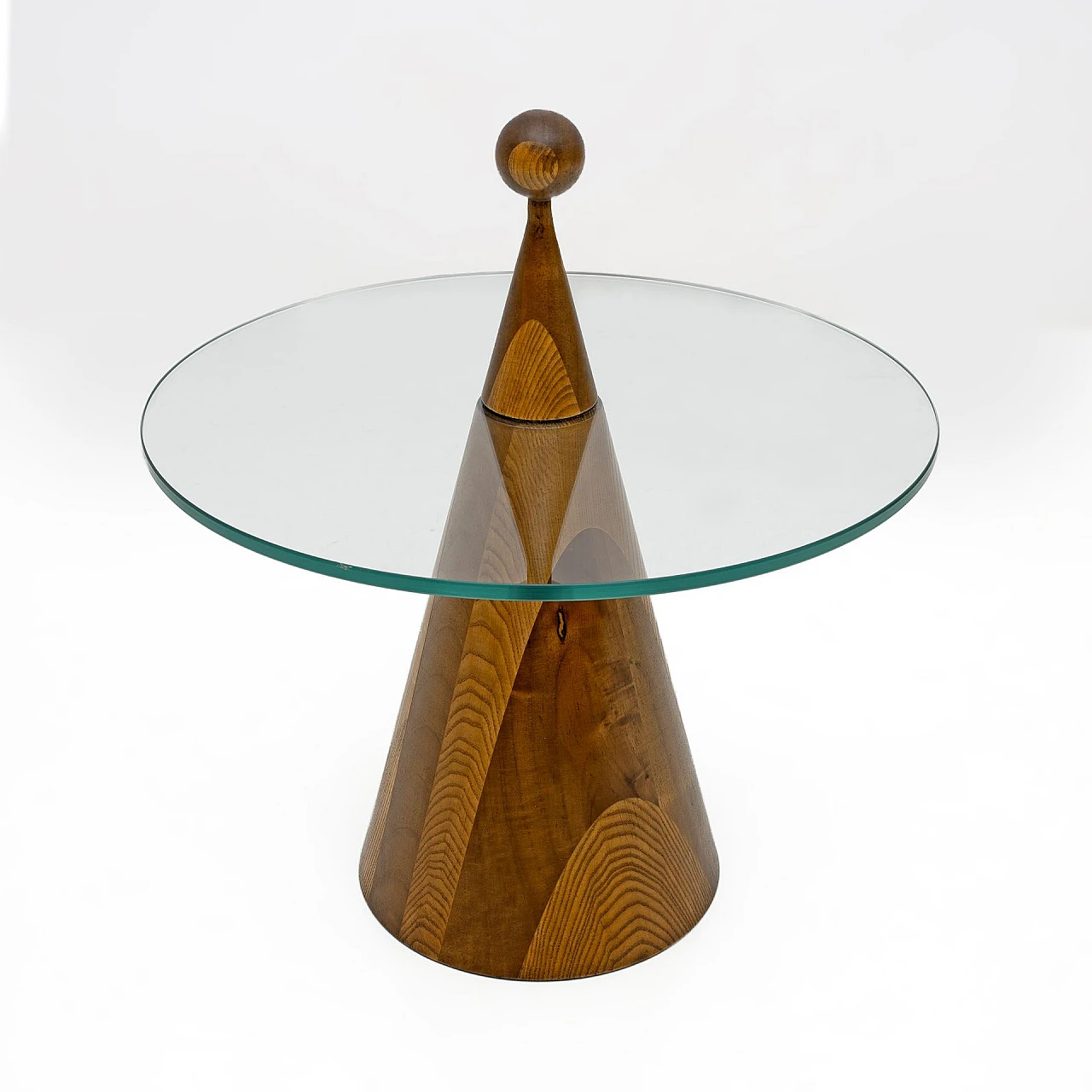 Pair of conical Hibiscus side tables in walnut and glass, 1970s 8