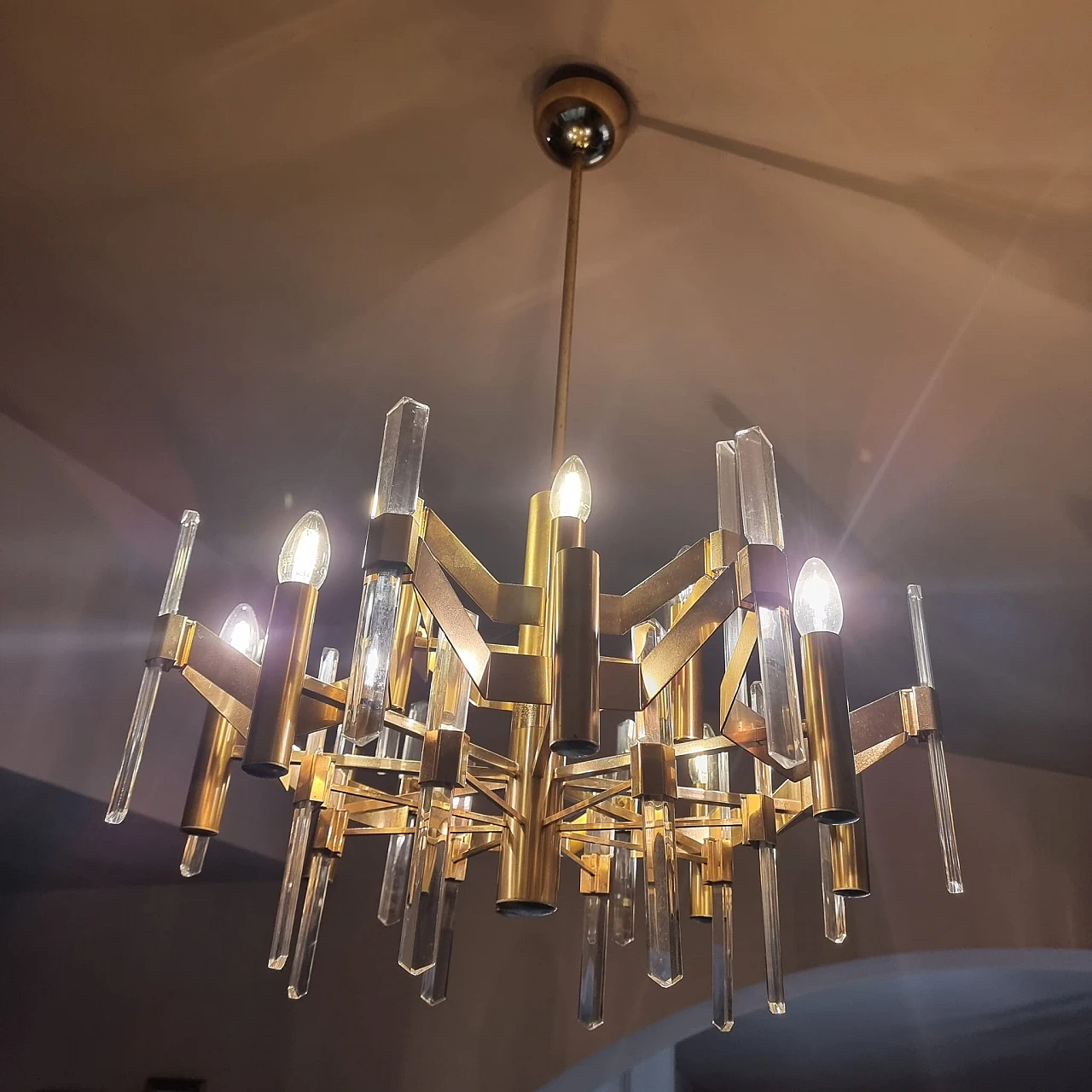 Brass & crystal chandelier by Gaetano Sciola, 1960s 2