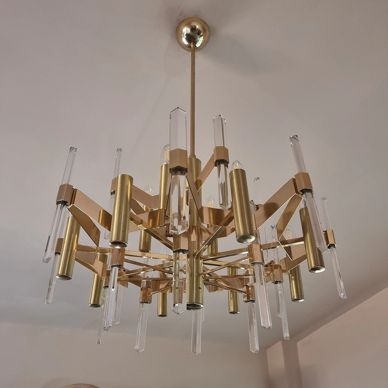 Brass & crystal chandelier by Gaetano Sciola, 1960s 9