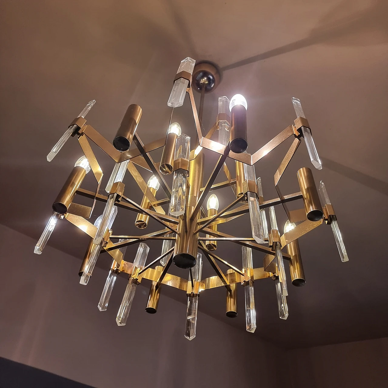 Brass & crystal chandelier by Gaetano Sciola, 1960s 14