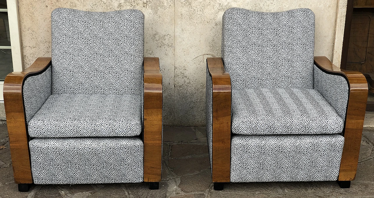 Pair of blond walnut armchairs with ebonized feet, 1940s 1