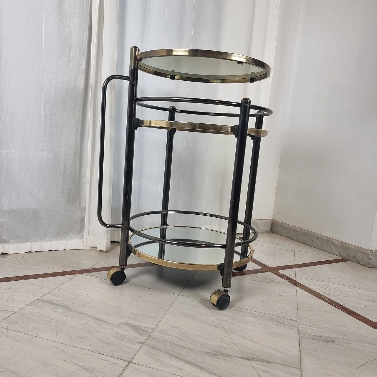 Brass, glass and mirror bar cart, 1960s 3