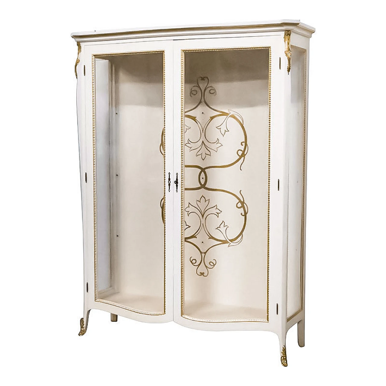 Ivory lacquered and gilded wood display cabinet, 1980s 2