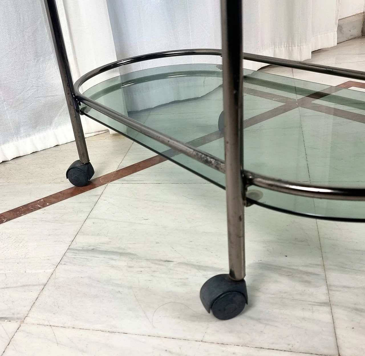 Metal and smoked glass two-shelf bar cart, 1970s 1