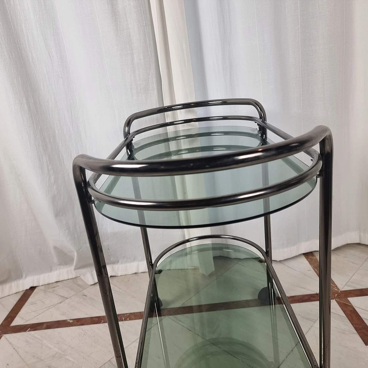 Metal and smoked glass two-shelf bar cart, 1970s 2