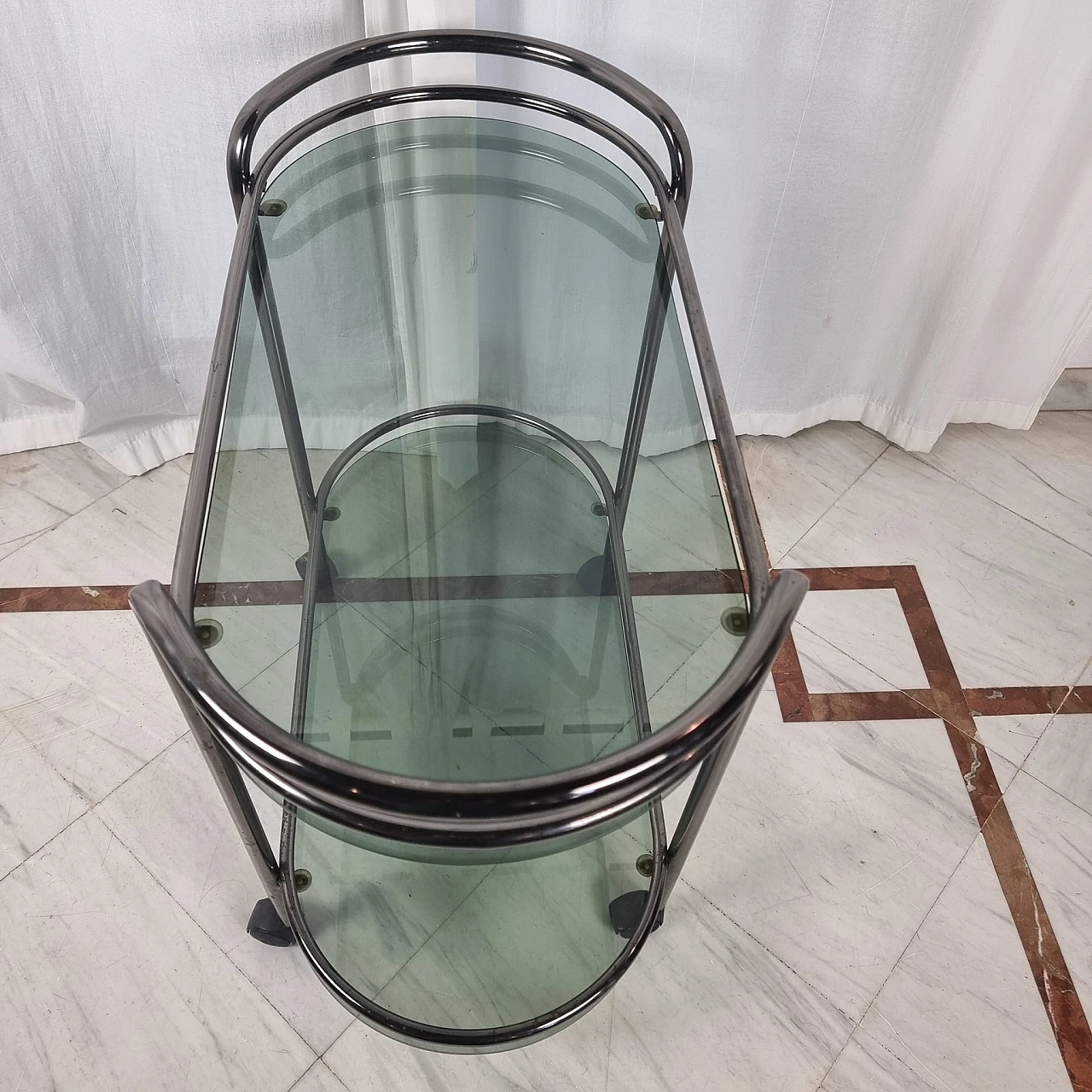 Metal and smoked glass two-shelf bar cart, 1970s 3