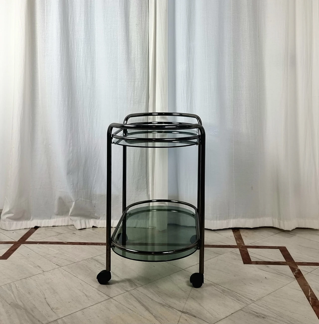 Metal and smoked glass two-shelf bar cart, 1970s 4