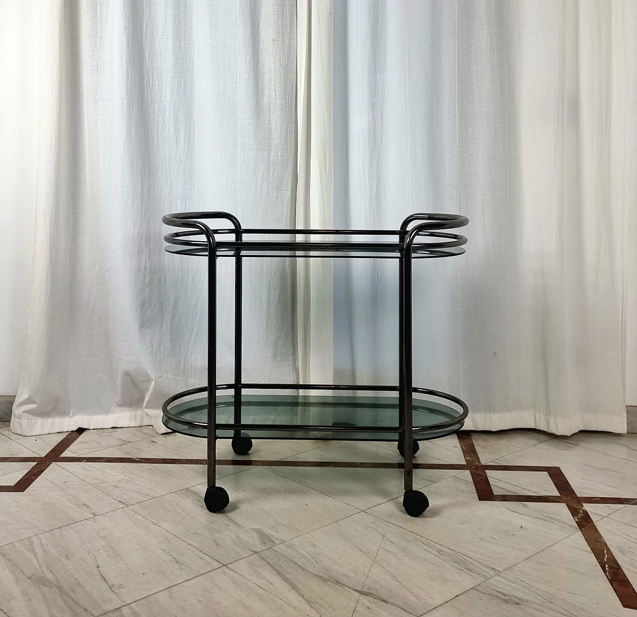 Metal and smoked glass two-shelf bar cart, 1970s 5