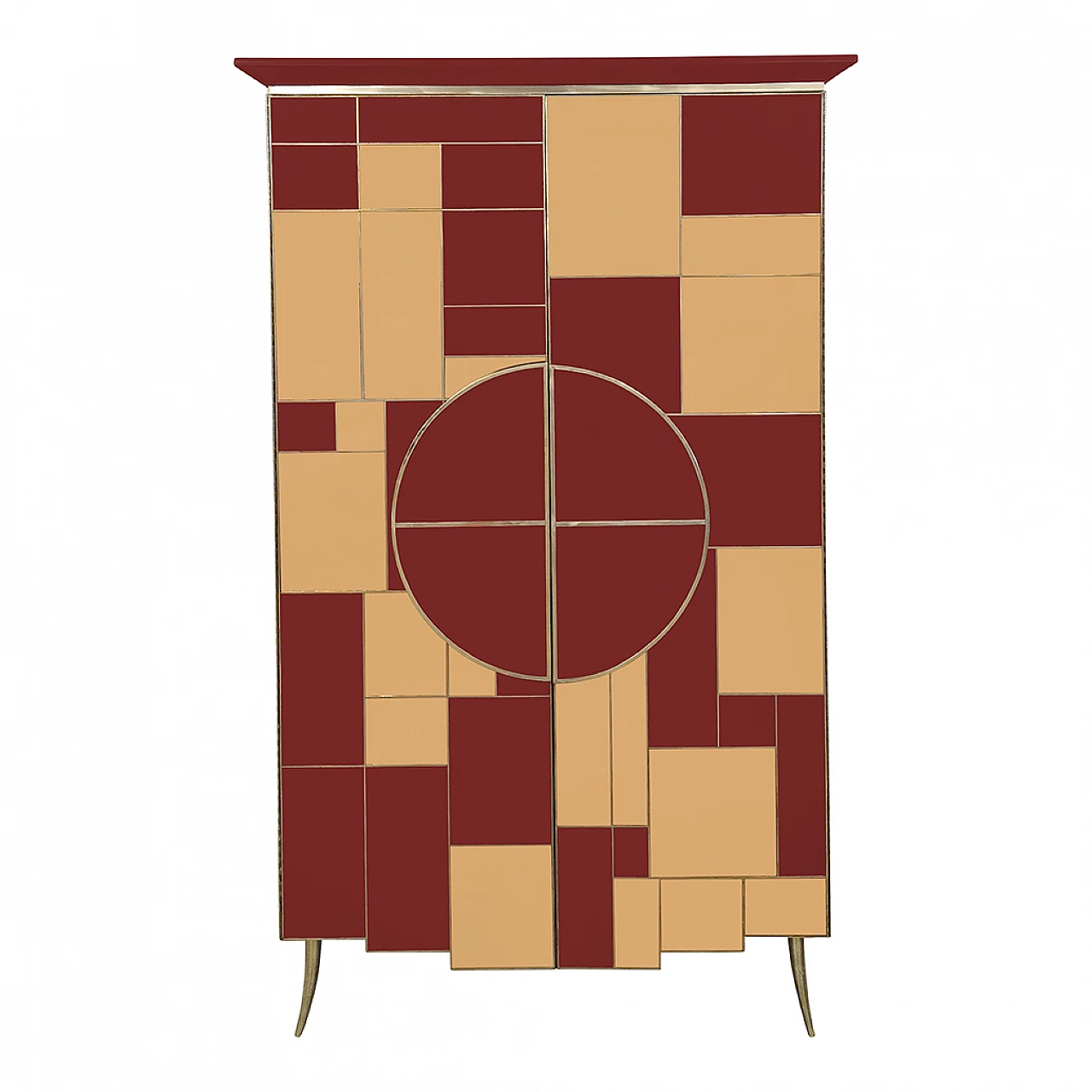 Mirror, burgundy glass, wood and brass wardrobe, 1980s 1