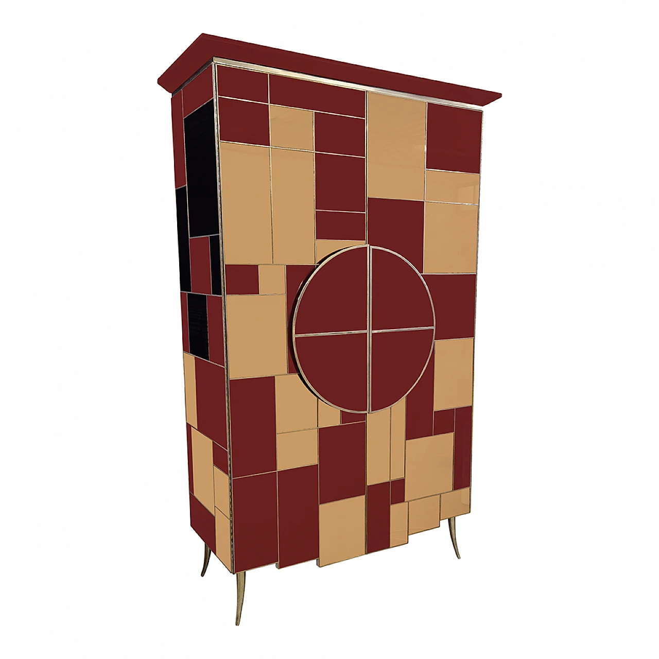 Mirror, burgundy glass, wood and brass wardrobe, 1980s 2