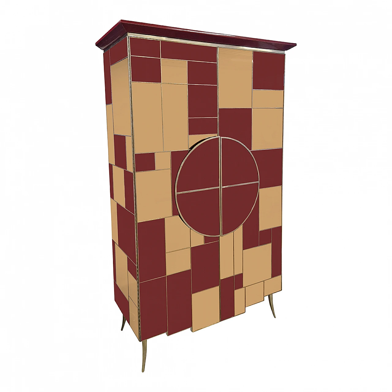 Mirror, burgundy glass, wood and brass wardrobe, 1980s 3