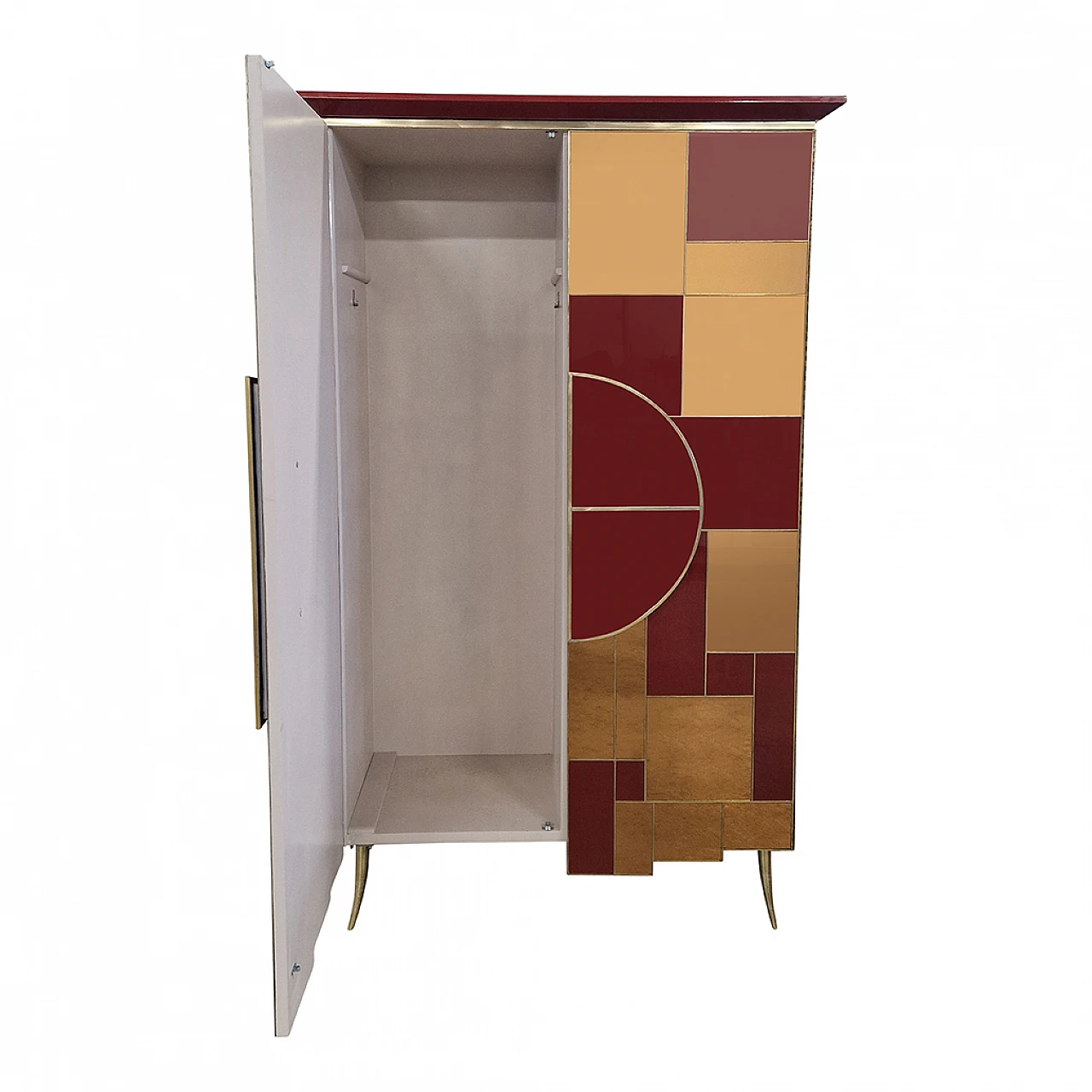 Mirror, burgundy glass, wood and brass wardrobe, 1980s 6