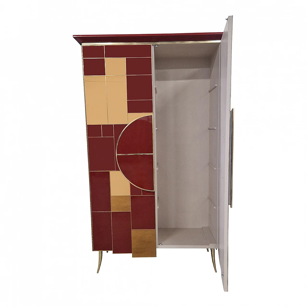 Mirror, burgundy glass, wood and brass wardrobe, 1980s 8