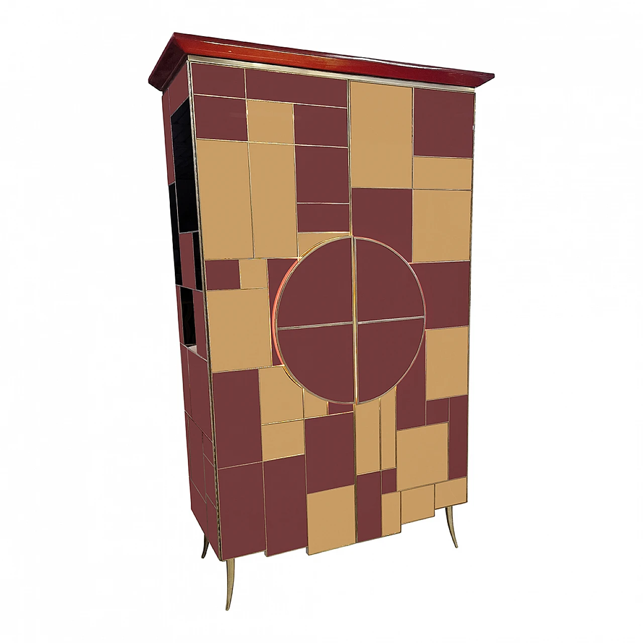 Mirror, burgundy glass, wood and brass wardrobe, 1980s 11