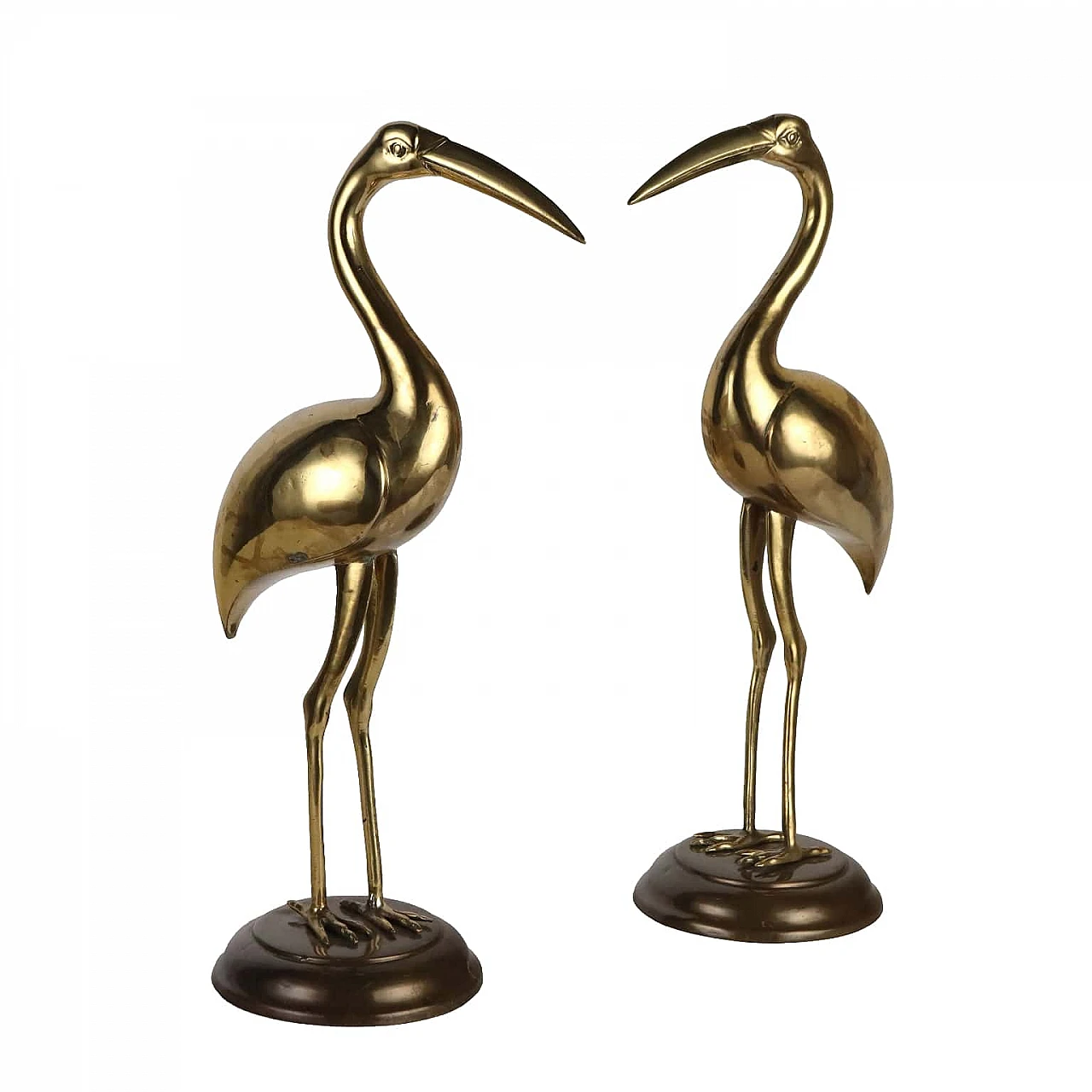 Pair of gilt bronze flamingos with circular base, 1960s 1