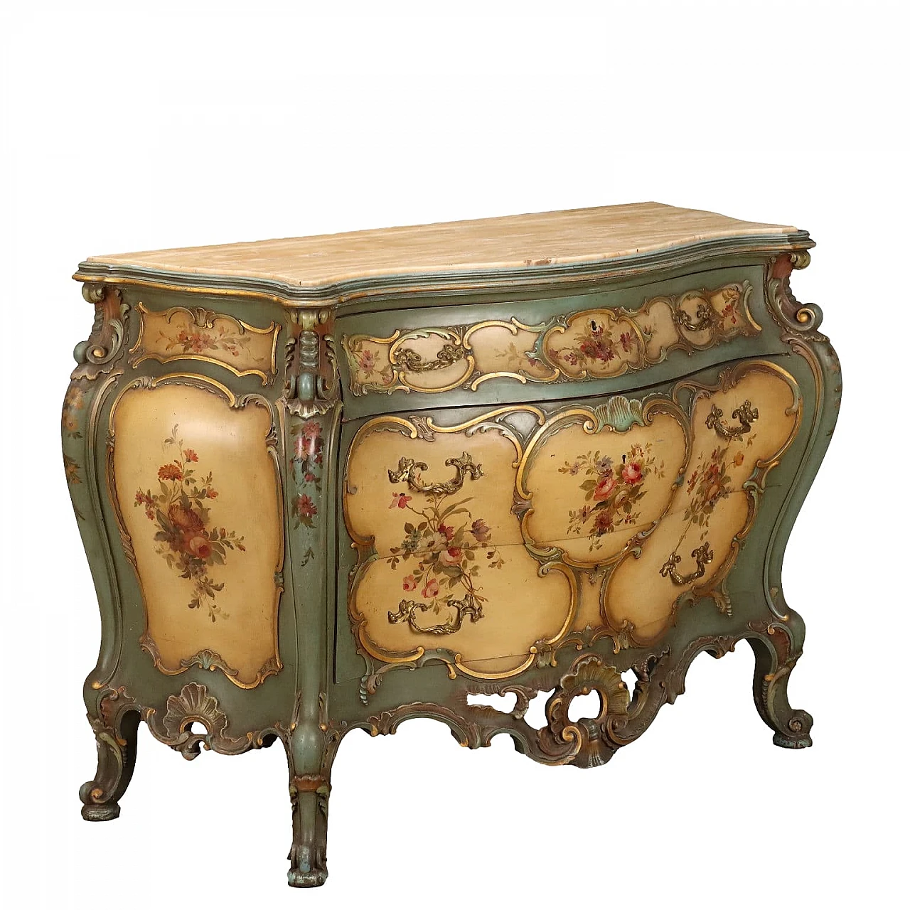 Lacquered wooden dresser with floral motifs & gilded bronze handles 1