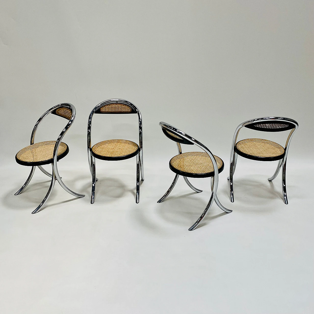 4 Chairs in chromed tubular metal with woven seats, 1980s 1