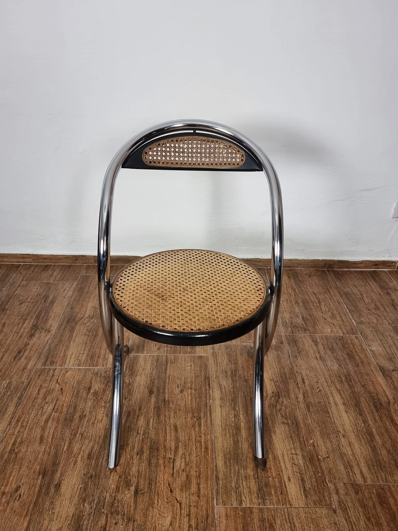 4 Chairs in chromed tubular metal with woven seats, 1980s 7