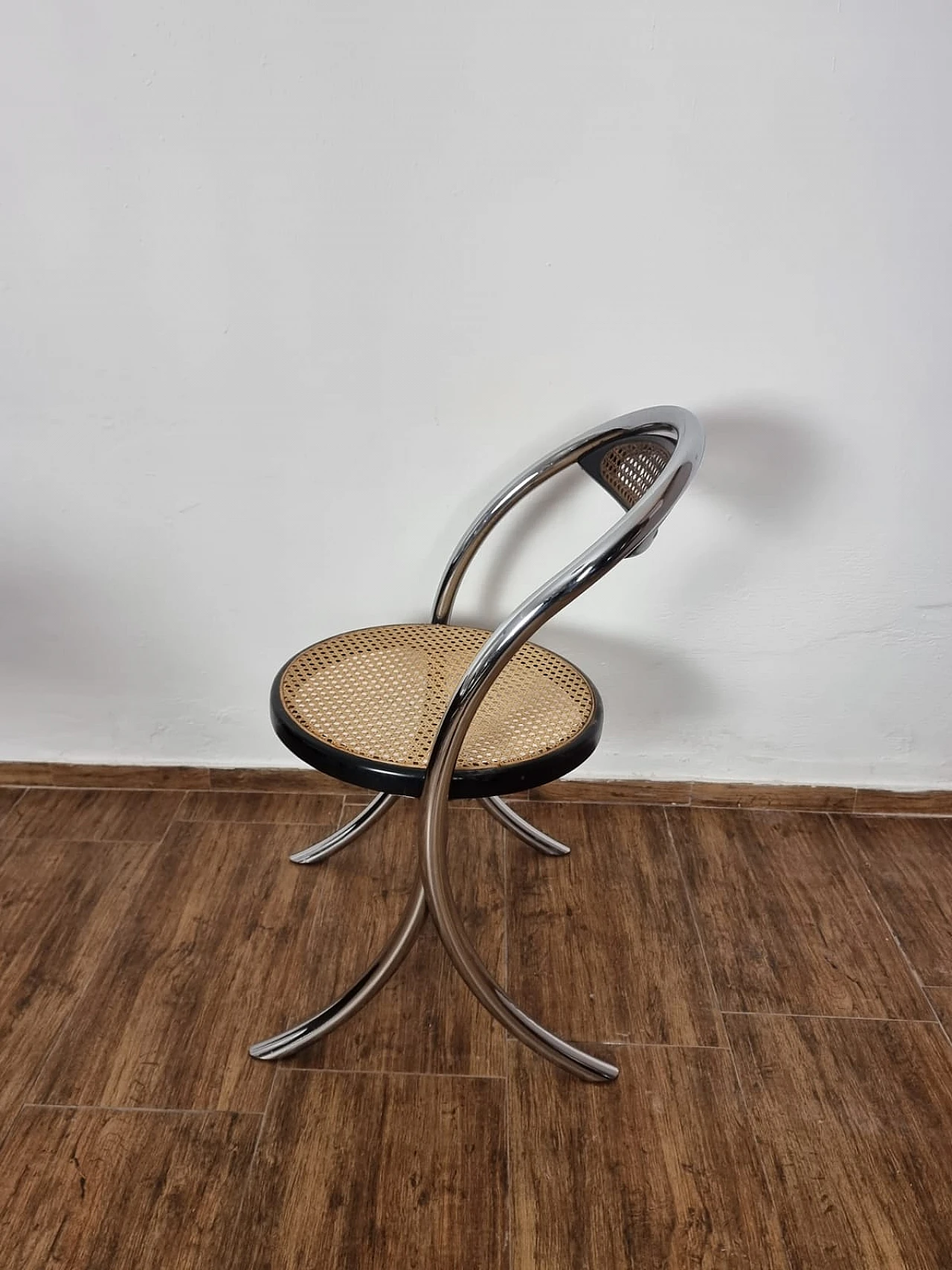 4 Chairs in chromed tubular metal with woven seats, 1980s 13